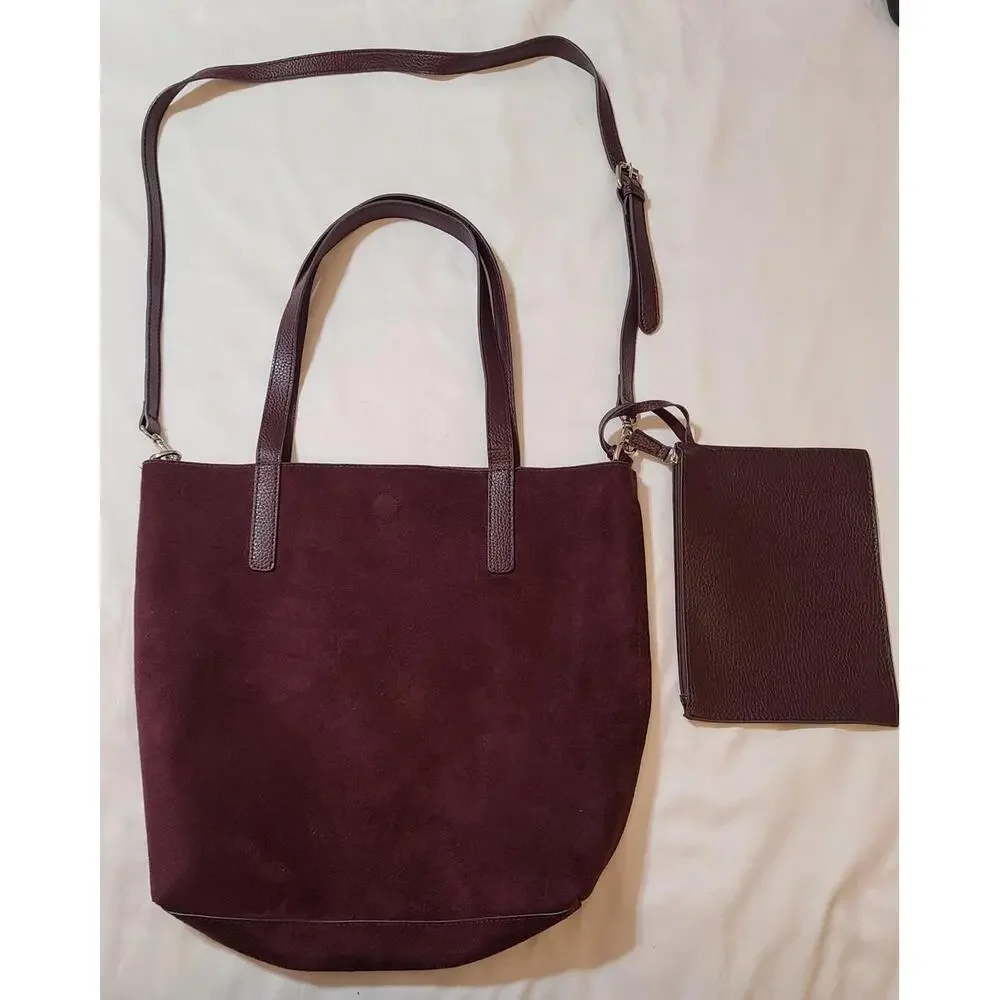 2pk Vegan Suede Tote Sz Medium Equestrian Collegiate Preppy Purple Brown 15x14 - Picture 3 of 13